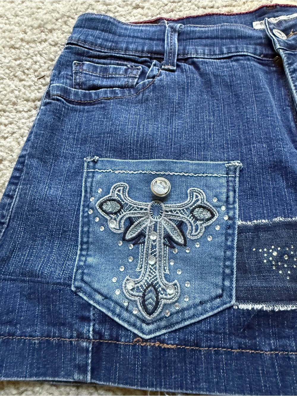 Upcycled Levi’s Denim Mini Skirt Rhinestone Cross Boho One of a Kind Y2K Size 12 - Picture 8 of 14